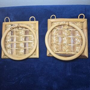 Set Of 2 Bamboo Woven Wall Mount Towel Ring Holder Boho Beach Decor 1970's